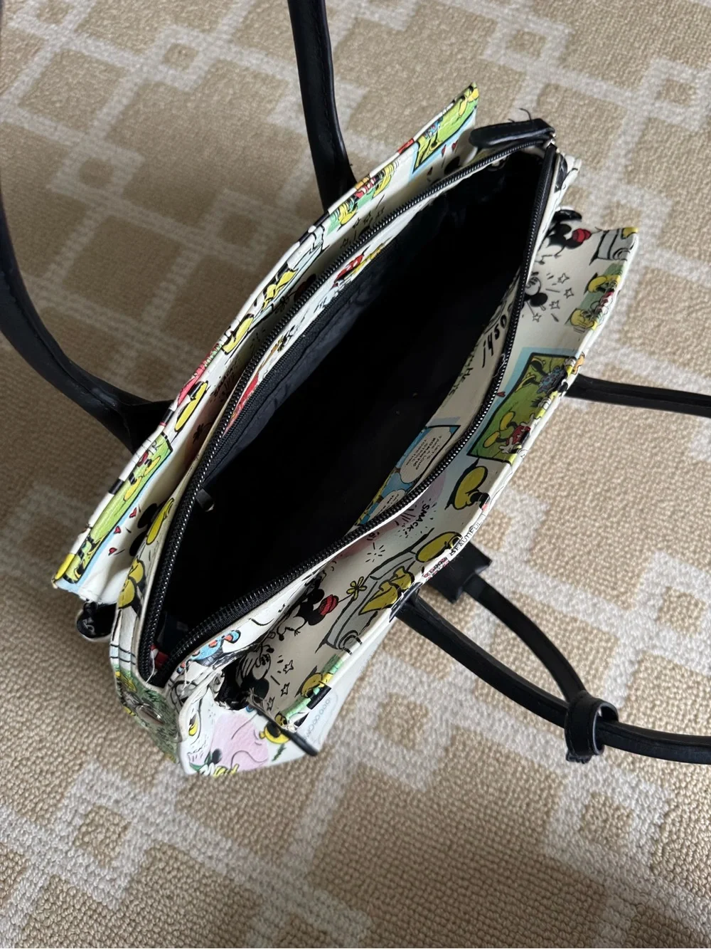Disney Mickey Minnie Comic Print Faux Leather Satchel Bag White Black Lock Tote